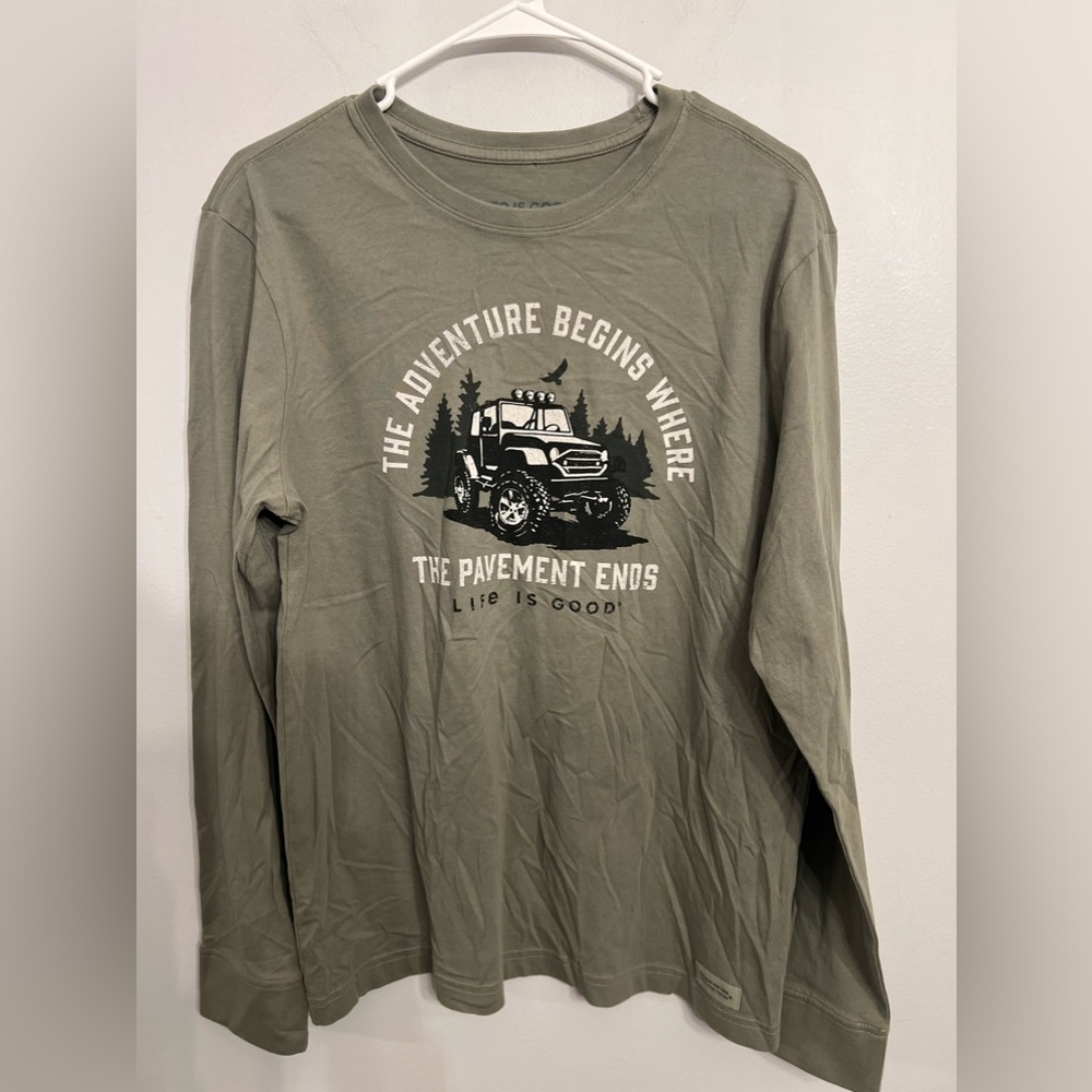 Life is Good The Adventure Begins Where The Pavement Ends Tee Moss Green‎ S NWT
